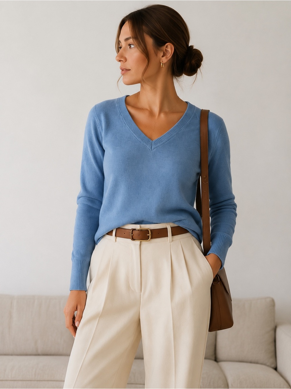 Quince 100% Cashmere V-Neck Sweater Blue Size Small Luxury Knit